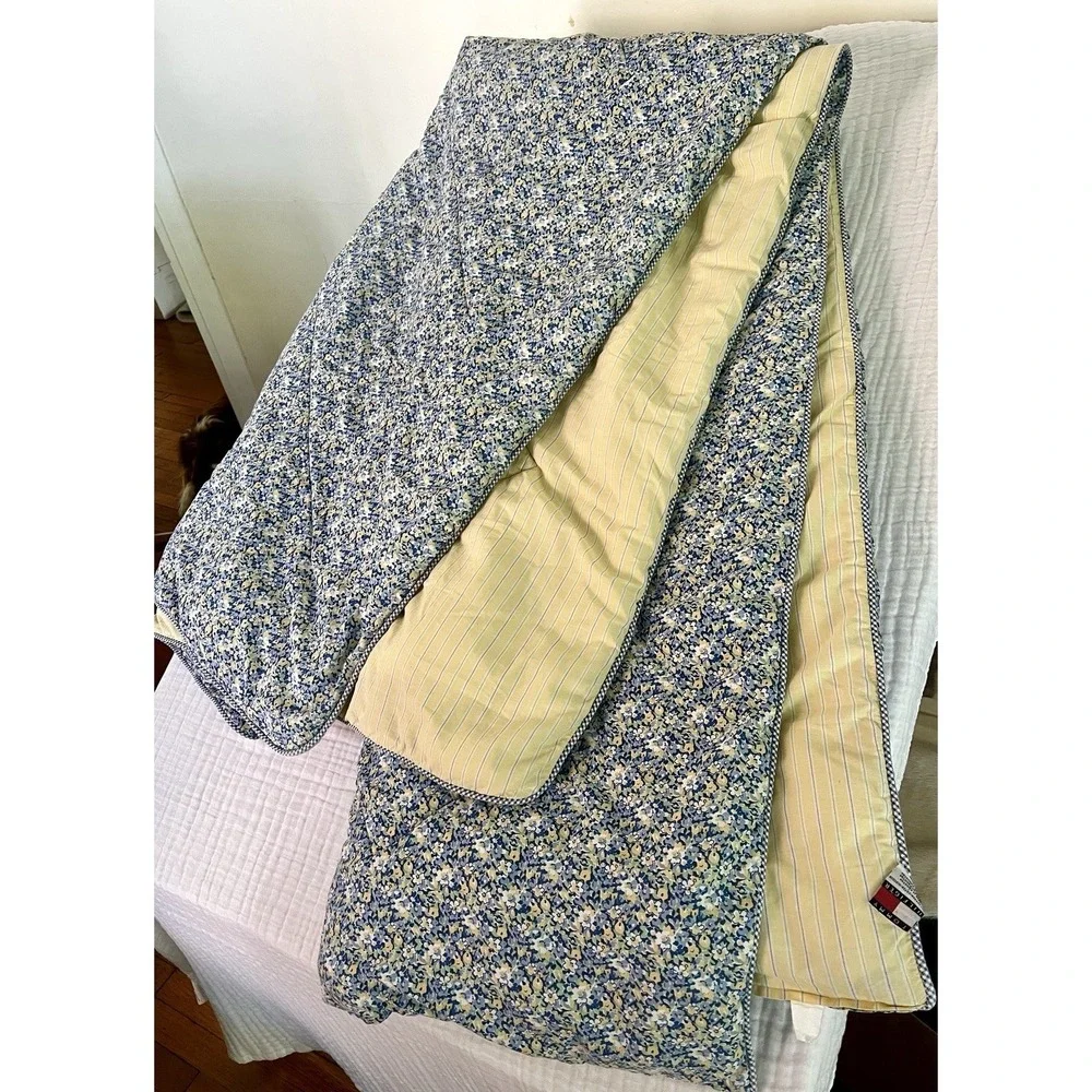 Vtg Tommy Hilfiger Elizabeth Anne Queen Comforter Blue Yellow Floral Striped Rev